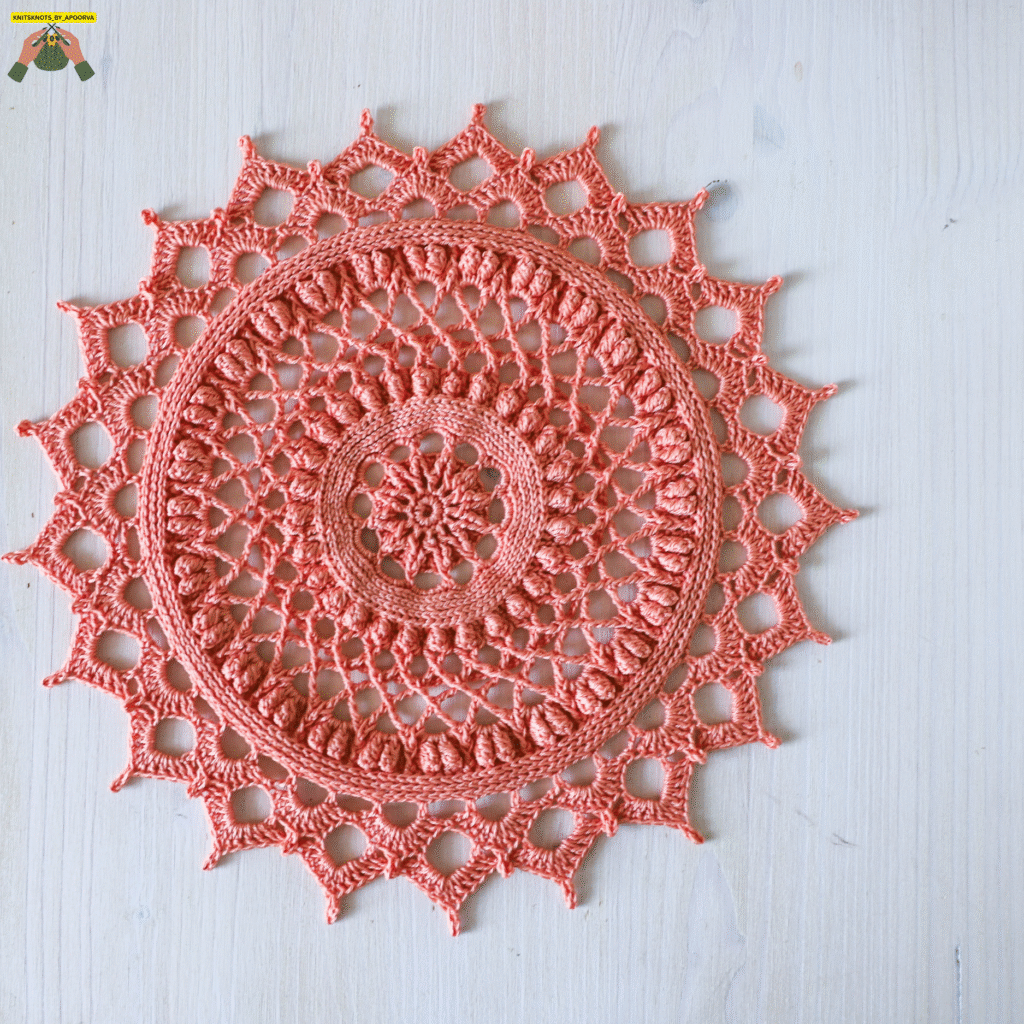 "Handmade crochet doily mat/ table mat by Knits & Knots by Apoorva – decorative crochet design"